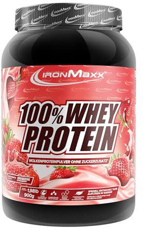 IronMaxx 100% Whey Protein Polvo - Fresa 900g Dosis | Proteína de suero de leche reducida en azúcar y soluble en agua | Disponible en muchos sabores diferentes