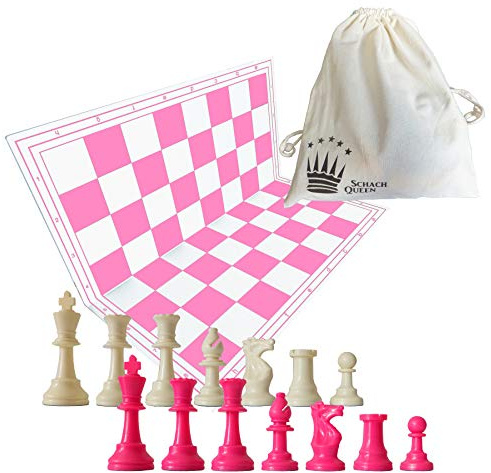 SchachQueen - Schachset: Schachbrett & Figuren, pink/weiß, Kunststoff, 57 mm Feldgröße, 97 mm Königshöhe, inkl. 2. Dame, für 2 Spieler, Alter 6-12 Jahre