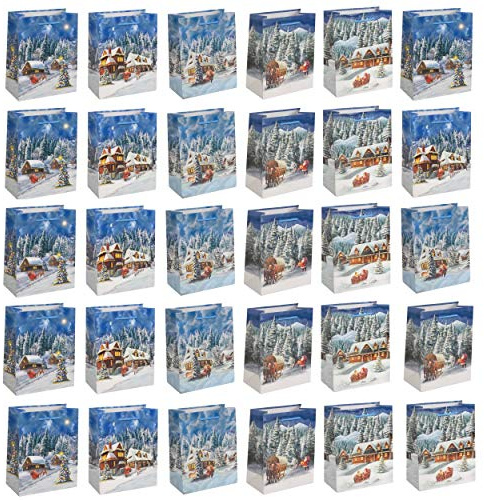 HRB Geschenktüten Weihnachten, 30 Stück, Schneelandschaft 23x18x10cm
