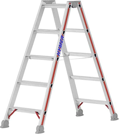 Hymer Stufenstehleiter 2x5 Stufen (Trittleiter beidseitig begehbar, eloxierte Holme, Stahl Scharniere) 402410