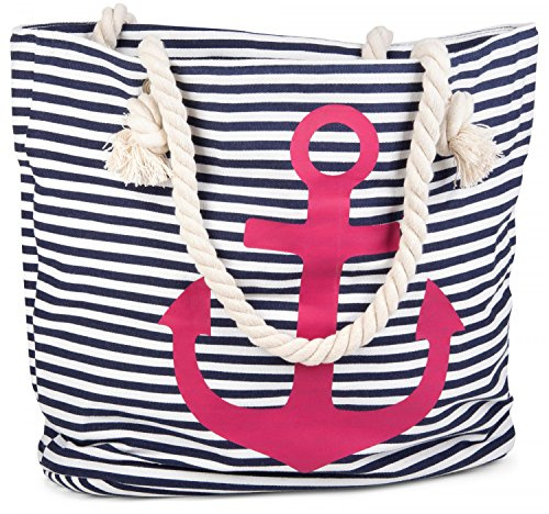 styleBREAKER Strandtasche Anker Streifen Canvas 46x34cm, Marine-Weiß/Pink | Kordelgriffe 60cm. Reißverschlussfach innen. maritim bedruckt. Hauptfach groß. Baumwollhenkel geflochten. 12cm tief.