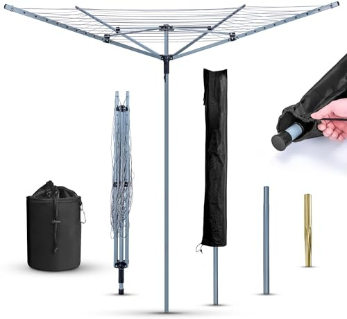 4 Arm 40M Washing Line Rotary with Peg Bag, Rotary Washing Line Outdoor | Metal Ground Spike, and Cover Included, Heavy Duty Rotary Clothes Lines for Outside, Whirlygig Clothes Airer Outdoor