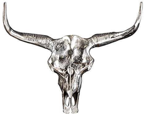 Schädel MATADOR 70cm - silber - Metall-Aluminium-Legierung Longhorn Look | Montiert, Statement Piece, detailgetreues Design, langlebig, pflegeleichte Oberfläche, eleganter Look, Wild-West-Flair