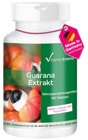 Estratto di guaranà 300 mg - concentrazione 4 volte superiore - con 10,5 mg di caffeina per dose giornaliera - vegano - trattamento di 6 mesi - 180 compresse | Vitamintrend®