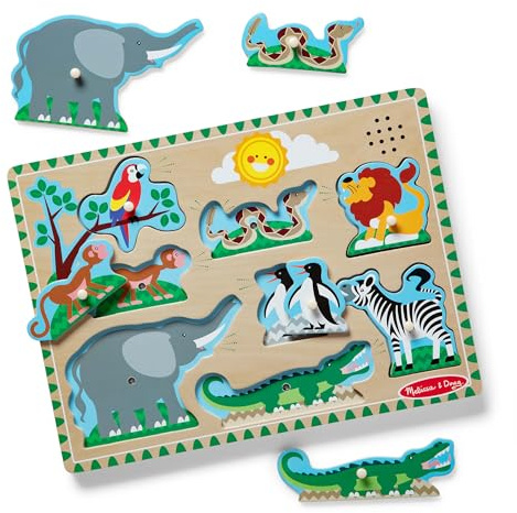 Melissa & Doug Zoo Animals Sound Puzzle – 8-Piece Wooden Peg Puzzle with Light-Activated Sounds, Music Learning Toy for Toddlers and Preschoolers Ages 2+