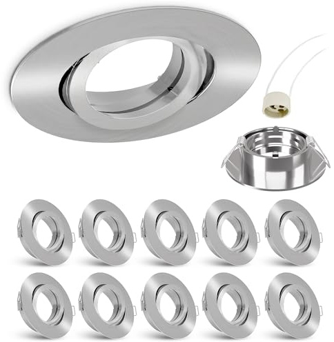 linovum Einbaurahmen 10x silber rund schwenkbar GU10 Fassung | Zehn schwenkbare Deckenrahmen Alu gebürstet - für GU10 oder MR16, einfacher Leuchtmittelwechsel, inkl. Fassung (ohne Lampe)