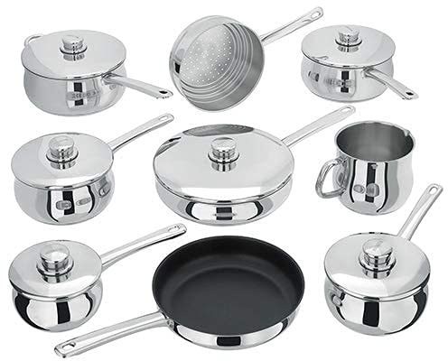 Stellar Classic Set of 9 Stainless Steel Pans, 6 Deep Saucepans with Lids, Steamer, Non-Stick Frying Pan, Milk Pot, Dishwasher Safe