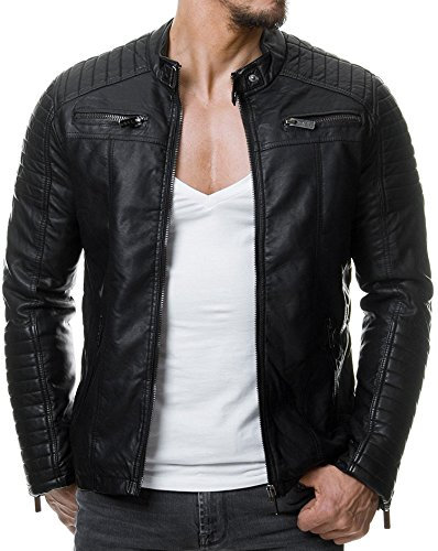 Redbridge Herren Jacke Übergangsjacke Biker Lederjacke Echtleder Kunstleder Baumwolle mit gesteppten Bereichen L Schwarz - Kunstleder