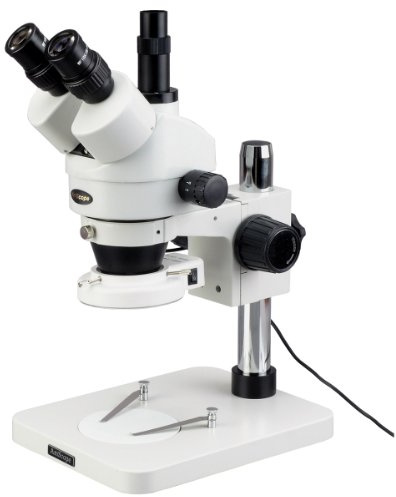 AmScope SM-1TSZ-144S Professional Trinocular Stereo Zoom Microscope, WH10x Eyepieces, 3.5X-90X Magnification, 0.7X-4.5X Zoom Objective, 144-Bulb LED Ring Light, Pillar Stand, 110V-240V, Includes 0.5X and 2.0X Barlow Lenses