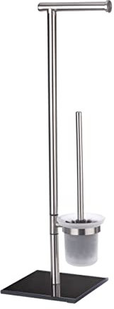 WENKO Stand WC-Garnitur Mod. Lima, Ständer für Toilettenpapier & Toilettenbürste, WC-Papierhalter, stehender Rollenhalter inkl. Bürste, rostfreier Edelstahl, 23,5 x 69 x 20 cm, Silber/Schwarz
