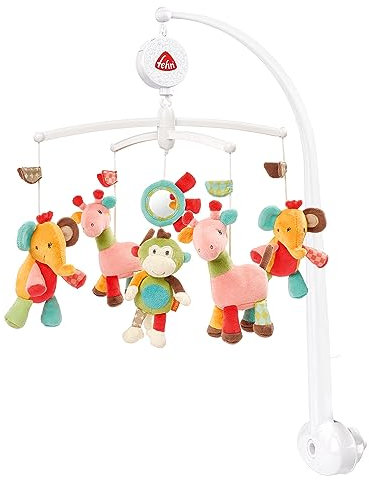 Fehn Musik Mobile Safari - Baby Einschlafhilfe Musikspielzeug mit süßen Tieren - Babymobile Spieluhr Melodie Brahms Wiegenlied - Musikmobile Babybett Zubehör Spielzeug für Babys von 0–5 Monaten