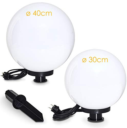 Kugelleuchte Miau, Kugellampe 2er Set, Außenleuchten aus weißem Kunststoff Ø 30 und 40 cm, Leuchtkugeln mit E27-Fassung, Kugellampen mit 5 Meter Zuleitung, ohne Leuchtmittel