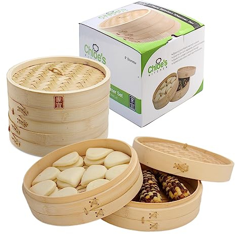 Zoie + Chloe Bambus-Dampfkorb – 2-stöckiger Teigtaschen-Dampfgarer zum Kochen mit 2 wiederverwendbaren Baumwolleinsätzen für Bao, Dim Sum, Gemüse, platzsparend, 25.4 cm Dampfkorb