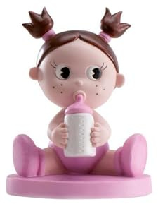 Dekora - Figura de Decoracion Bautizo niña y Nacimiento 10 cm - Muñeca Bebe Niña con Coletas y Biberon, Adorno para Tartas de Bautizo y Baby Shower, Cake Topper Resistente y Apto para Alimentos