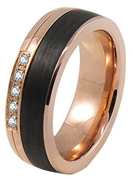 DOOSTI Freundschaftsring/Partnerring Chirurgischer Edelstahl 316L Rose vergoldet mit schwarzer Carbon Einlage - inkl. Gratis Gravur