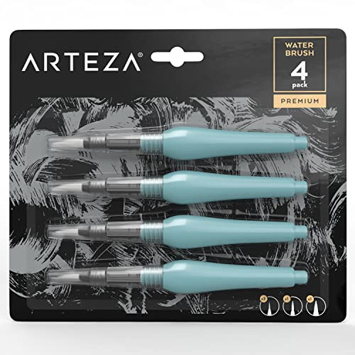 ARTEZA Water Brush Pen, Set of 4, Assorted Soft Nylon Bristle Tips, Self-Moistening Water Brush, Refillable Water Pen