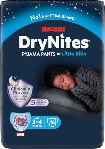 DryNites Huggies Calzoncillos absorbentes para niño 3-5 (16-23 kg), Clínicamente probado con 5 capas de protección nocturna, 16 pañales de noche