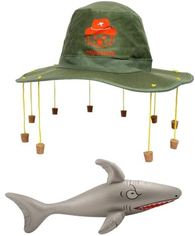 Australian Koala Cork Hat & Inflatable Shark Set - Green Aussie Hat with Hanging Corks & Blow Up Shark Prop Australia Day & Outback Themed Party Accessory Fancy Dress Kit
