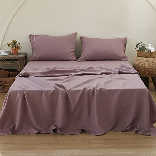 Simple&Opulence 100% Pure Linen Sheet Set King Size, Natural French Flax Solid Color 4 Pcs Washed Breathable, Farmhouse Bedding (1 Flat Sheet,1 Fitted Sheet,2 Pillowcases)-Embroidery Purple