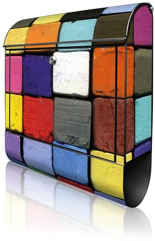banjado Design Briefkasten 38,5x46,5x13cm & 2 Schlüssel - Briefkasten Stahl Schwarz mit Zeitungsfach pulverbeschichtet - Postkasten A4 Einwurf inkl. Montagematerial - Motiv Bunte Kreide