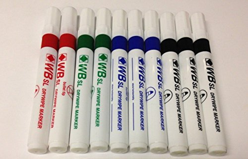 WB PACK OF 10 ASSORTED SL WHITEBOARD FLIPCHART MARKER PENS. 3x BLACK, 3x BLUE, 2x RED, 2x GREEN. BULLET TIP. DRYWIPE