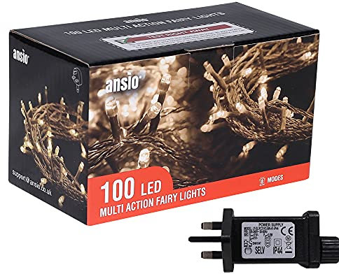 ANSIO® Christmas Lights 100 LED 10m/32ft Christmas Tree Lights for Indoor & Outdoor Warm White Decorations Fairy String Lights for Xmas Garden Bedroom & Party | Mains Powered Clear Cable