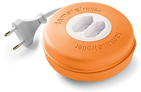 FAMATEL – Roller | Enrollable con 2 tomas | 3 metros | Con material de silicona | Protección Infantil | Con una alta flexibilidad y resistencia | Naranja