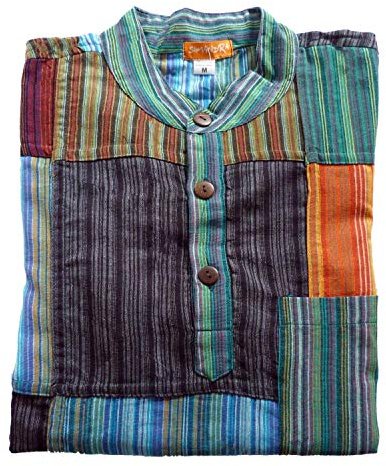 Män fiskarskjorta Kurta fritidsskjorta fritidströja skjorta skjorta patchwork indisk stående krage bomull Goa hippie