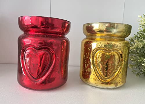 Portacandele in vetro decorato a forma di cuore (1 x rosso e 1 x oro)