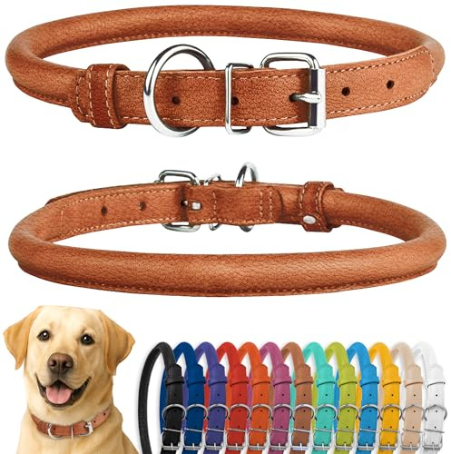 CollarDirect Rundes Leder Hundehalsband, weich gepolstert gerollt, handgefertigtes Echtleder Halsband für Hund Welpe Katze Klein Groß Schwarz Rosa Rot Lila Blau