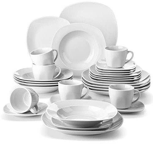 MALACASA Serie Elisa, Porzellan Tafelservice 30-teilig Geschirrset im schönen Design mit je 6 Kaffeetassen, 6 Untertassen, 6 Dessertteller, 6 Suppenteller und 6 Essteller Frühstückservice, Grauweiß