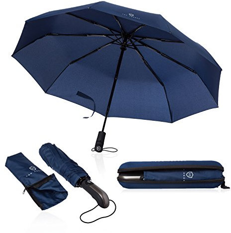 VON HEESEN Regenschirm sturmfest bis 140 km/h - inkl. Schirm-Tasche & Reise-Etui - Taschenschirm mit Auf-Zu-Automatik, klein, leicht & kompakt, Teflon-Beschichtung, windsicher, stabil (Blau)