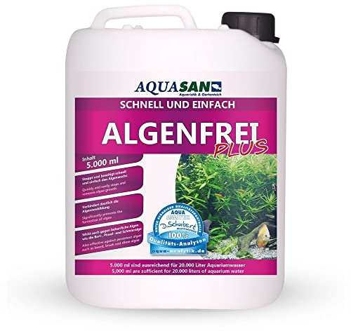AQUASAN Aquarium Algenfrei Plus (Aquarium Algenvernichter, Algenentferner - Gegen nahezu alle Algen - Bartalgen, Pinselalgen, Schmieralgen), Inhalt:5 Liter