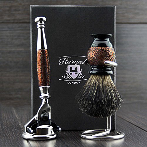 Haryali London - Rasoio a 3 bordi con spazzola per capelli di tasso nero e supporto in acciaio inox, perfetto per uomo