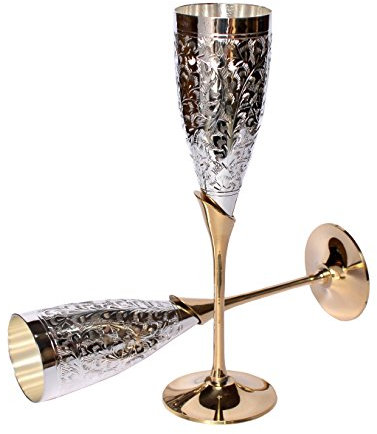 StonKraft Engraved Silver Plated Pure Brass Premium Goblet Champagne Flutes Coupes Wine Glass Set