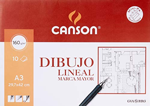 Canson Dibujo Lineal, Papel de dibujo blanco, Suave, 160gsm, Minipack, A3-29,7x42cm, Blanco, 10 Hojas