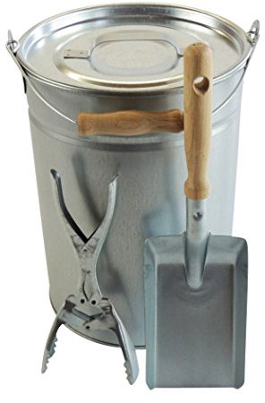Ascheeimer mit Deckel 14l + Kohleschaufel Holzgriff + Brikettzange