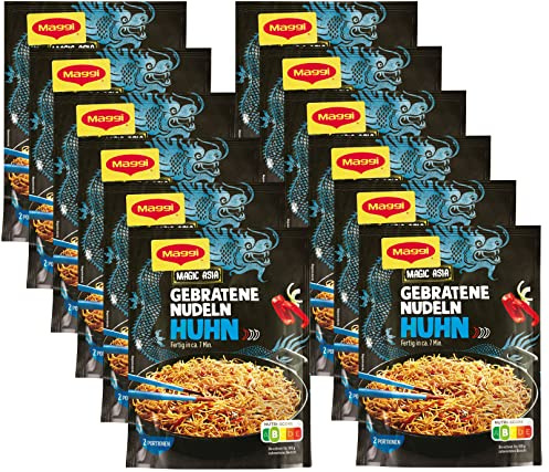 MAGGI Magic Asia Gebratene Nudeln Typ Huhn, leckeres Fertiggericht, Instant-Nudeln, mit Huhn & Gemüsestückchen, asiatisch gewürzt, 12er Pack (12 x 121g)