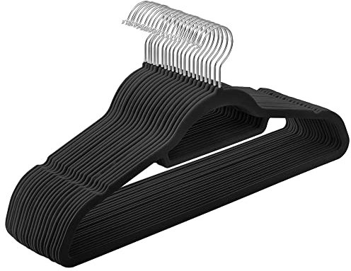 SONGMICS klädhängare i sammet, 20 stycken, halkfria, jackgalgar, 0,6 cm tjocka, kostymhängare, platsbesparande, krokar som kan roteras 360°, 45 cm långa, svart CRF20B