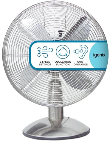 Igenix DF1250 12” Portable Desk Fan – 3 Speed Settings, Quiet Oscillating Airflow, Retro Chrome Design – Ideal for Home & Office