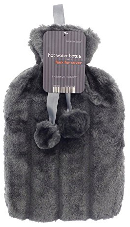 COUNTRY CLUB Cosy Hot Water Bottle with Luxury Faux Fur Cover and Pom Poms Dark Grey