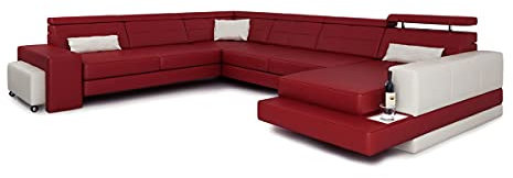Bullhoff by Giovanni Capellini Leder Wohnlandschaft XXL Ledersofa weinrot/weiß Leder Ecksofa Couch Ledercouch Ecksofa U-Form mit LED-Licht Designsofa BAYERN