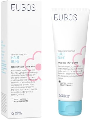 EUBOS Waschgel für Haut und Haare in Ruhe: reinigt sanft trockene Haut von Kindern und Babys, auch bei Neurodermitis, zur Verwendung als Duschgel oder Shampoo, 125 ml
