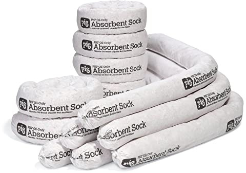 New Pig PIG Oil-Only Absorbent Socks – Industrial Spill Control, 45.6 L, Pack of 12, Hydrophobic Filler, Absorbs Oil, Repels Water for Clean Spill Control
