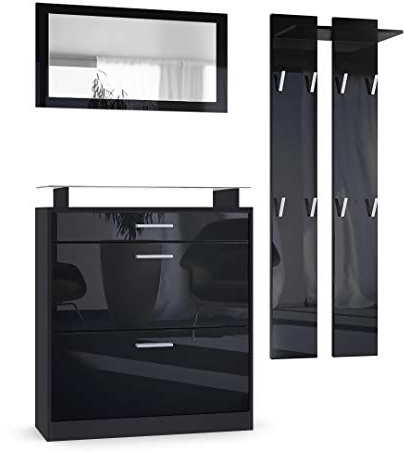 Vladon Garderobe Loret mini, Garderobenset bestehend aus 1 Schuhschrank, 1 Wandspiegel und 2 Garderobenpaneele, Schwarz matt/Schwarz Hochglanz