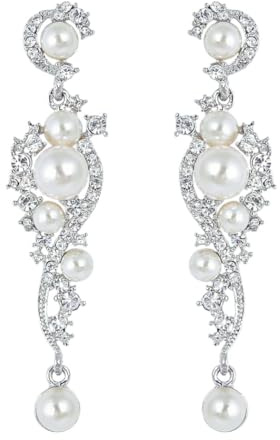 Ever Faith Damen-Ohrringe österreichischer Kristall creme Kunstperlen Brautschmuck Ranke baumeln Ohrringe klar silberfarben