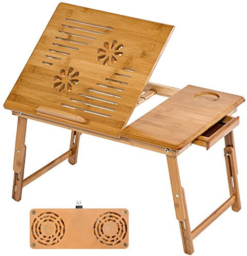 tectake® Laptoptisch, Tisch Bett, Betttablett, Sofa Tablett faltbar, Laptop Tisch klappbar, Bed Table höhenverstellbar, Mini Tisch für Bett, Home Office, Study Table (55x35cm mit Lüfter | Nr. 401655)
