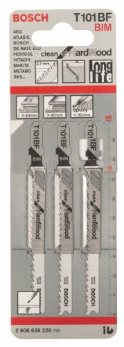 Bosch 3x PRO Hardwood clean T101BF Stichsägeblatt, 100 mm, 3-tlg. | für Hartholz, Faserplatte mit mittelhoher Dichte, Länge 100 mm, Professional Zubehör Stichsäge