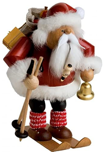 KWO Santa Claus on Skis Smoking Man Figurine, Wood, Multi-Colour, 30 x 30 x 20 cm