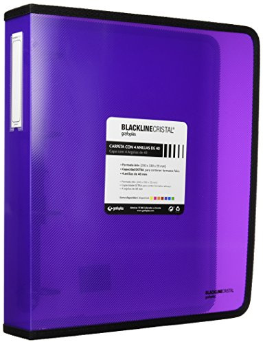 Grafoplas - Carpeta Anillas Violeta a4 +, Polipropileno Cristal Rayado, 4 anillas de 40mm, Serie Blackline, Capacidad Extra para Contener Formatos Folios